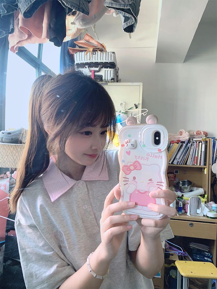 Trendy Korean Style Embroidered Patchwork Plaid Polo Short Sleeve T-Shirt for Women - Summer College Fashion in Gray Trendy Korean Style Embroidered Patchwork Plaid Polo Short Sleeve T-Shirt for Women - Summer College Fashion in Gray