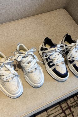 Trendy Lace-Up Casual Sneakers for Women - Versatile Thick-Soled Genuine Leather White Shoes for Spring 2025