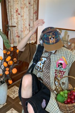 Trendy Loose Fit Short Sleeve Shirt for Women with Dog Embroidery and Plaid Cartoon Patchwork - Vintage 90s Style