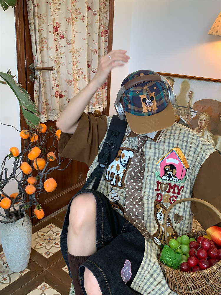 Trendy Loose Fit Short Sleeve Shirt for Women with Dog Embroidery and Plaid Cartoon Patchwork - Vintage 90s Style Trendy Loose Fit Short Sleeve Shirt for Women with Dog Embroidery and Plaid Cartoon Patchwork - Vintage 90s Style