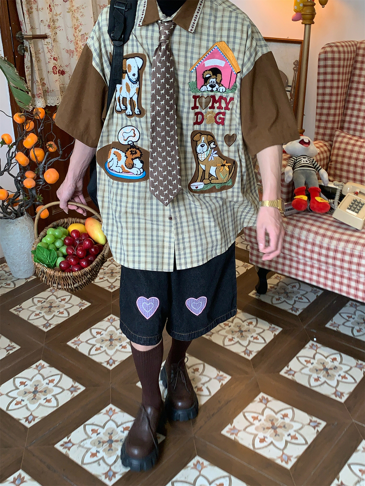 Trendy Loose Fit Short Sleeve Shirt for Women with Dog Embroidery and Plaid Cartoon Patchwork - Vintage 90s Style Trendy Loose Fit Short Sleeve Shirt for Women with Dog Embroidery and Plaid Cartoon Patchwork - Vintage 90s Style