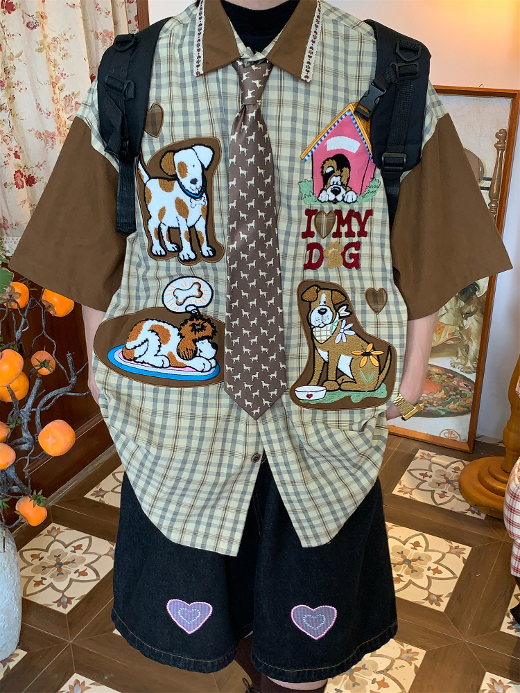 Trendy Loose Fit Short Sleeve Shirt for Women with Dog Embroidery and Plaid Cartoon Patchwork - Vintage 90s Style Trendy Loose Fit Short Sleeve Shirt for Women with Dog Embroidery and Plaid Cartoon Patchwork - Vintage 90s Style