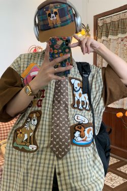 Trendy Loose Fit Short Sleeve Shirt for Women with Dog Embroidery and Plaid Cartoon Patchwork - Vintage 90s Style