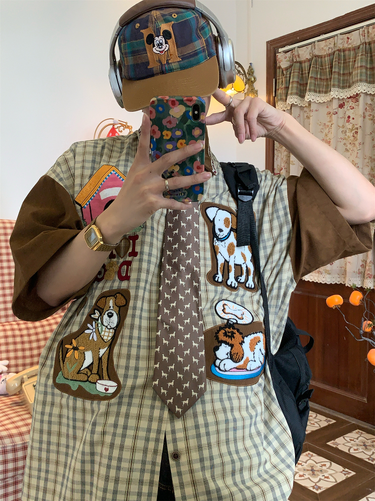 Trendy Loose Fit Short Sleeve Shirt for Women with Dog Embroidery and Plaid Cartoon Patchwork - Vintage 90s Style Trendy Loose Fit Short Sleeve Shirt for Women with Dog Embroidery and Plaid Cartoon Patchwork - Vintage 90s Style