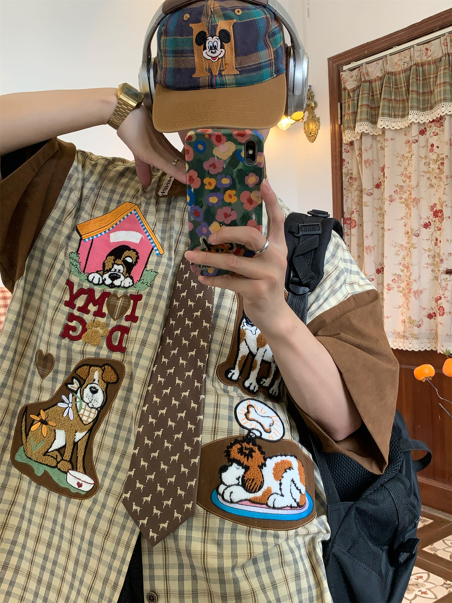 Trendy Loose Fit Short Sleeve Shirt for Women with Dog Embroidery and Plaid Cartoon Patchwork - Vintage 90s Style Trendy Loose Fit Short Sleeve Shirt for Women with Dog Embroidery and Plaid Cartoon Patchwork - Vintage 90s Style