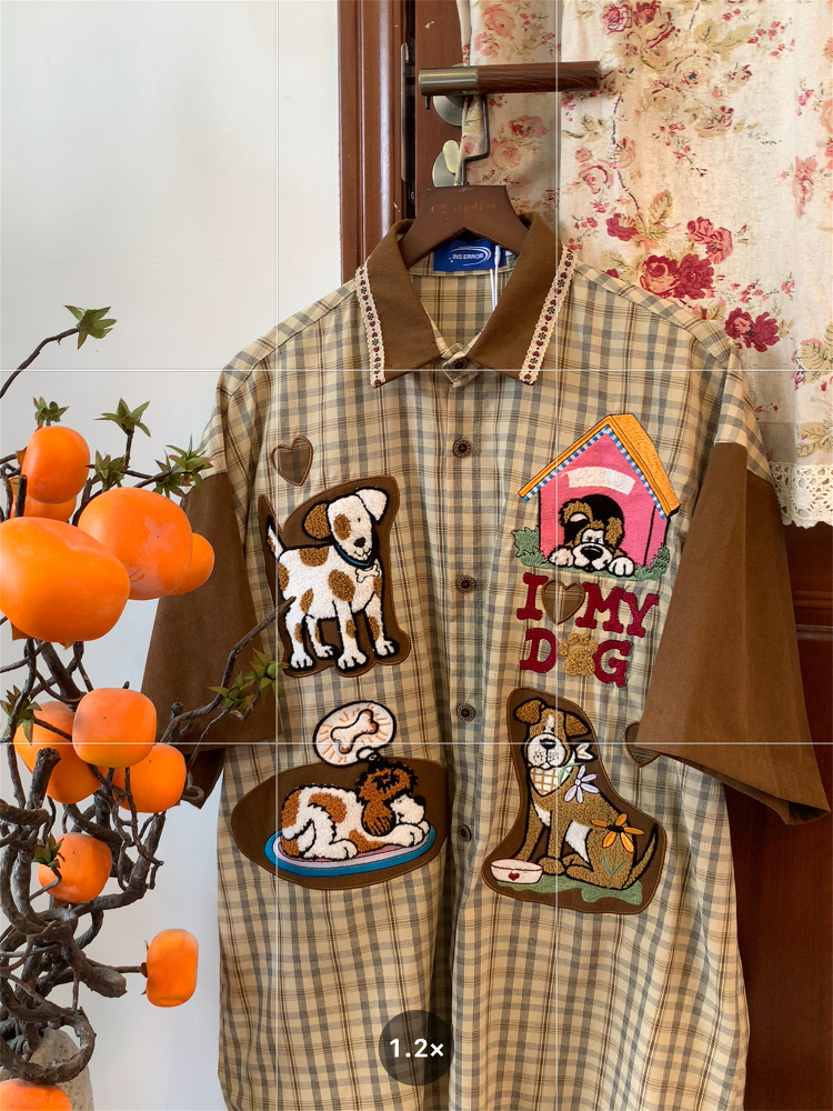 Trendy Loose Fit Short Sleeve Shirt for Women with Dog Embroidery and Plaid Cartoon Patchwork - Vintage 90s Style Trendy Loose Fit Short Sleeve Shirt for Women with Dog Embroidery and Plaid Cartoon Patchwork - Vintage 90s Style
