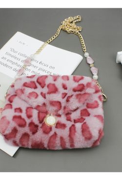 Trendy Mini Plush Leopard Print Crossbody Bag for Women - Cute Pink Phone Bag for Autumn/Winter 2024 Fashion