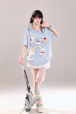 Trendy Off-Shoulder Cartoon Design T-Shirt for Girls - Cute Loose Fit Short Sleeve Top for Summer Style