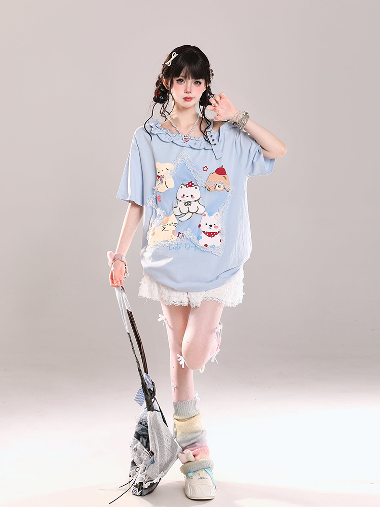 Trendy Off-Shoulder Cartoon Design T-Shirt for Girls - Cute Loose Fit Short Sleeve Top for Summer Style Trendy Off-Shoulder Cartoon Design T-Shirt for Girls - Cute Loose Fit Short Sleeve Top for Summer Style