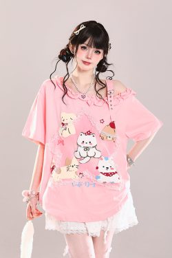 Trendy Off-Shoulder Cartoon Design T-Shirt for Girls - Cute Loose Fit Short Sleeve Top for Summer Style