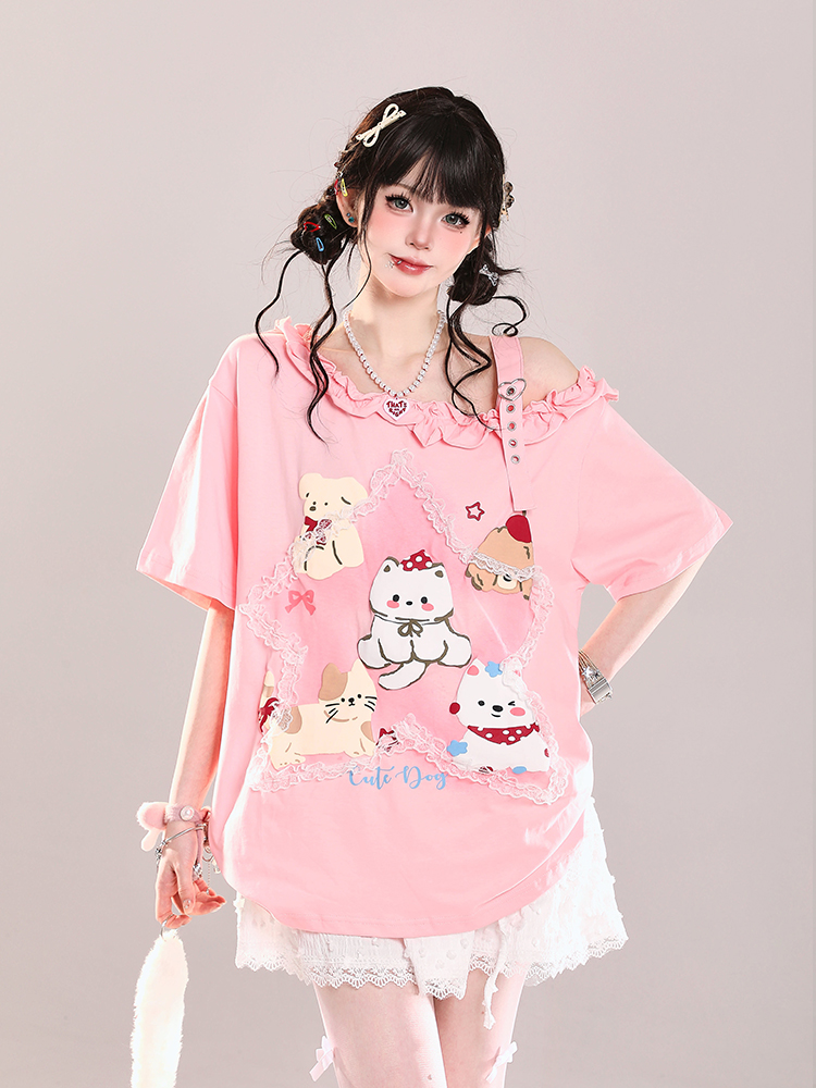 Trendy Off-Shoulder Cartoon Design T-Shirt for Girls - Cute Loose Fit Short Sleeve Top for Summer Style Trendy Off-Shoulder Cartoon Design T-Shirt for Girls - Cute Loose Fit Short Sleeve Top for Summer Style