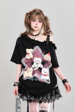 Trendy Off-Shoulder Cartoon Design T-Shirt for Girls - Cute Loose Fit Short Sleeve Top for Summer Style