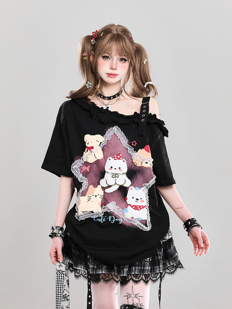 Trendy Off-Shoulder Cartoon Design T-Shirt for Girls - Cute Loose Fit Short Sleeve Top for Summer Style Trendy Off-Shoulder Cartoon Design T-Shirt for Girls - Cute Loose Fit Short Sleeve Top for Summer Style