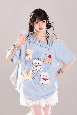 Trendy Off-Shoulder Cartoon Design T-Shirt for Girls - Cute Loose Fit Short Sleeve Top for Summer Style