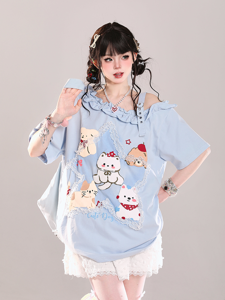 Trendy Off-Shoulder Cartoon Design T-Shirt for Girls - Cute Loose Fit Short Sleeve Top for Summer Style Trendy Off-Shoulder Cartoon Design T-Shirt for Girls - Cute Loose Fit Short Sleeve Top for Summer Style