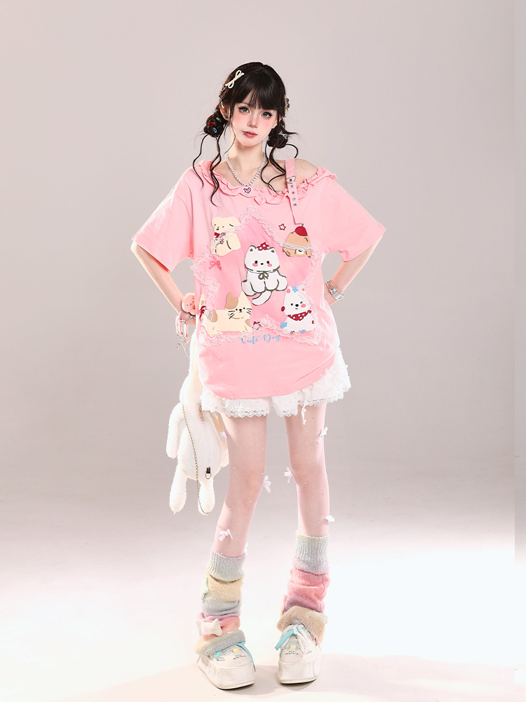 Trendy Off-Shoulder Cartoon Design T-Shirt for Girls - Cute Loose Fit Short Sleeve Top for Summer Style Trendy Off-Shoulder Cartoon Design T-Shirt for Girls - Cute Loose Fit Short Sleeve Top for Summer Style