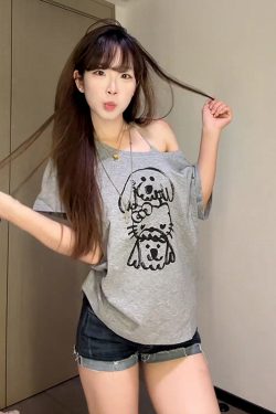 Trendy Off-Shoulder Short-Sleeve T-Shirt for Women with Loose Fit and Summer Puppy & Kitten Print – Perfect for Y2K Style
