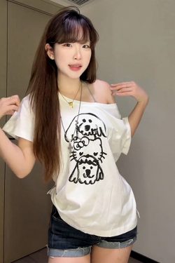 Trendy Off-Shoulder Short-Sleeve T-Shirt for Women with Loose Fit and Summer Puppy & Kitten Print – Perfect for Y2K Style
