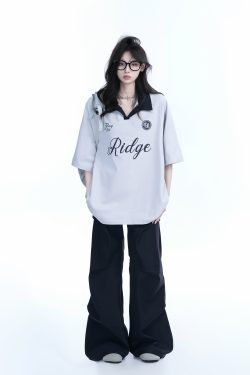 Trendy Oversized American College Style Sports T-Shirt for Women - Short Sleeve Polo, Casual Relaxed Fit, Y2K Fashion