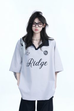 Trendy Oversized American College Style Sports T-Shirt for Women - Short Sleeve Polo, Casual Relaxed Fit, Y2K Fashion