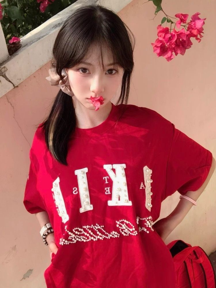 Trendy Red Short-Sleeve T-Shirt for Women with Beaded Letter Embroidery, Summer Fashion Top, American Style, Unique Design Trendy Red Short-Sleeve T-Shirt for Women with Beaded Letter Embroidery, Summer Fashion Top, American Style, Unique Design