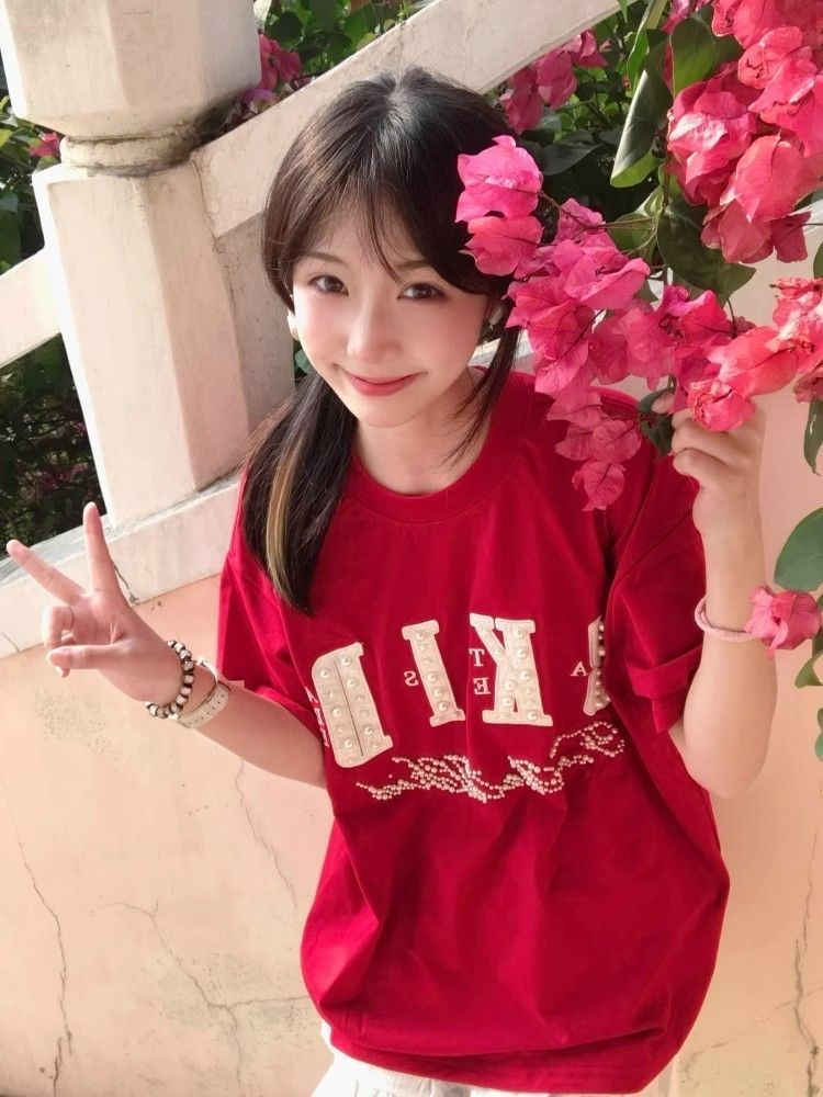 Trendy Red Short-Sleeve T-Shirt for Women with Beaded Letter Embroidery, Summer Fashion Top, American Style, Unique Design Trendy Red Short-Sleeve T-Shirt for Women with Beaded Letter Embroidery, Summer Fashion Top, American Style, Unique Design