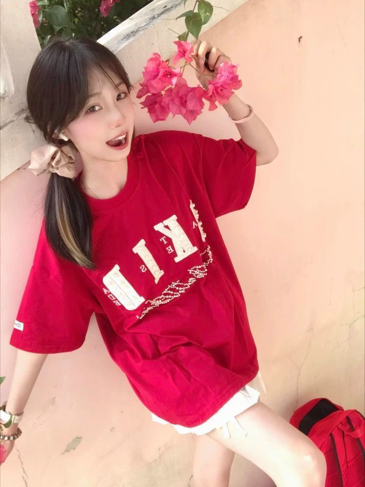 Trendy Red Short-Sleeve T-Shirt for Women with Beaded Letter Embroidery, Summer Fashion Top, American Style, Unique Design Trendy Red Short-Sleeve T-Shirt for Women with Beaded Letter Embroidery, Summer Fashion Top, American Style, Unique Design