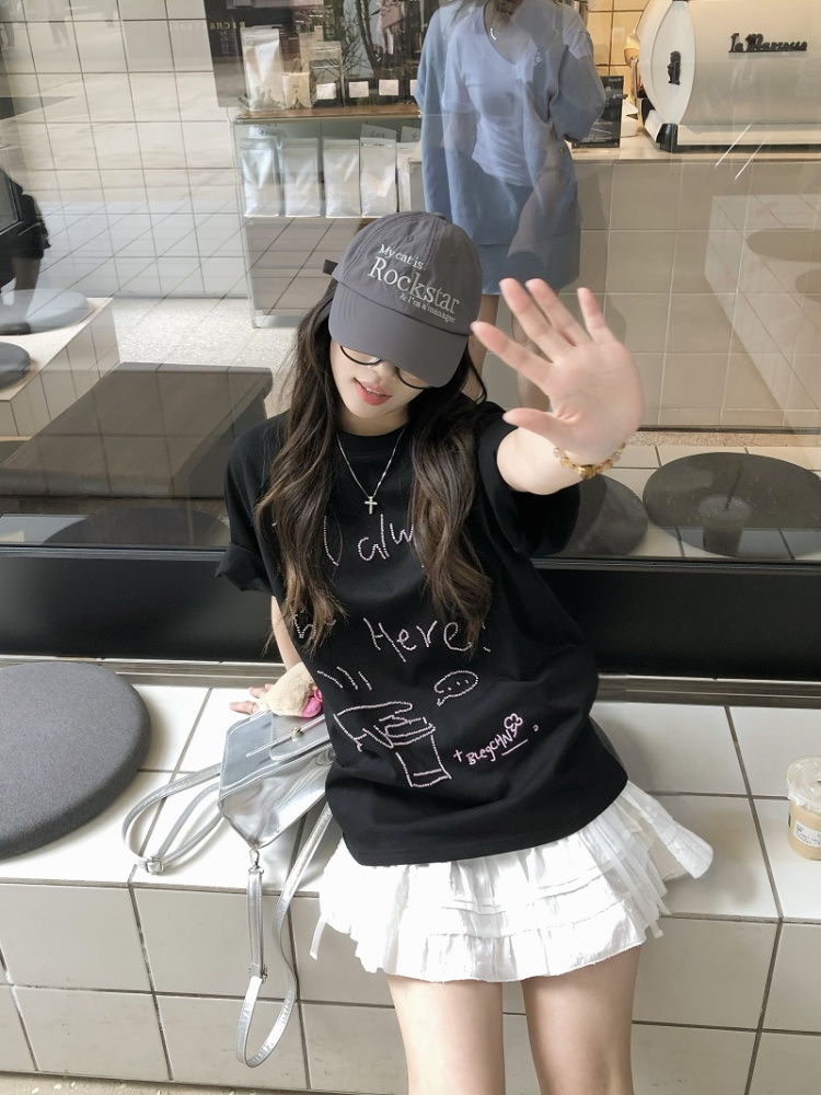 Trendy Relaxed Fit Beaded Letter Short Sleeve T-Shirt for Men and Women - Summer High-End Couple Style Trendy Relaxed Fit Beaded Letter Short Sleeve T-Shirt for Men and Women - Summer High-End Couple Style