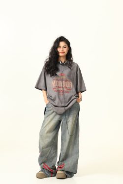 Trendy Retro High Street Printed Short-Sleeve T-Shirt for Men and Women, Vintage Wash Style, 90s Inspired Fashion