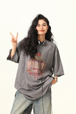 Trendy Retro High Street Printed Short-Sleeve T-Shirt for Men and Women, Vintage Wash Style, 90s Inspired Fashion