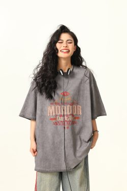 Trendy Retro High Street Printed Short-Sleeve T-Shirt for Men and Women, Vintage Wash Style, 90s Inspired Fashion