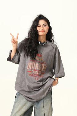 Trendy Retro High Street Printed Short-Sleeve T-Shirt for Men and Women, Vintage Wash Style, 90s Inspired Fashion