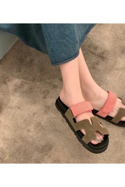 Trendy Sheepskin One-Strap Sandals for Women - Casual Thick Sole Slippers with Velcro Closure, Stylish Footwear for Everyday Wear