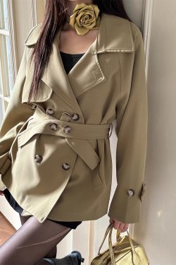 Trendy Short-Waisted Windbreaker Coat for Women with Collar, Long Sleeves, and Waist Tie - Casual Cardigan Style