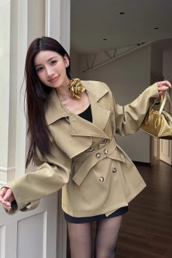 Trendy Short-Waisted Windbreaker Coat for Women with Collar, Long Sleeves, and Waist Tie - Casual Cardigan Style