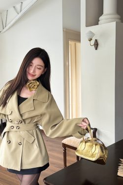 Trendy Short-Waisted Windbreaker Coat for Women with Collar, Long Sleeves, and Waist Tie - Casual Cardigan Style