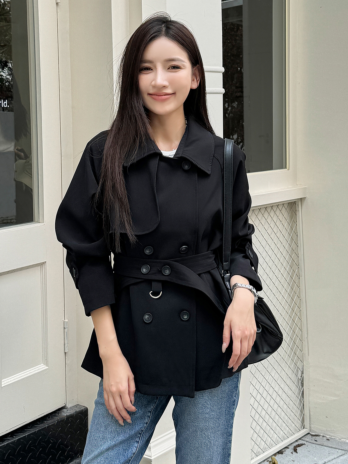 Trendy Short-Waisted Windbreaker Coat for Women with Collar, Long Sleeves, and Waist Tie - Casual Cardigan Style Trendy Short-Waisted Windbreaker Coat for Women with Collar, Long Sleeves, and Waist Tie - Casual Cardigan Style