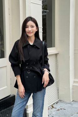 Trendy Short-Waisted Windbreaker Coat for Women with Collar, Long Sleeves, and Waist Tie - Casual Cardigan Style