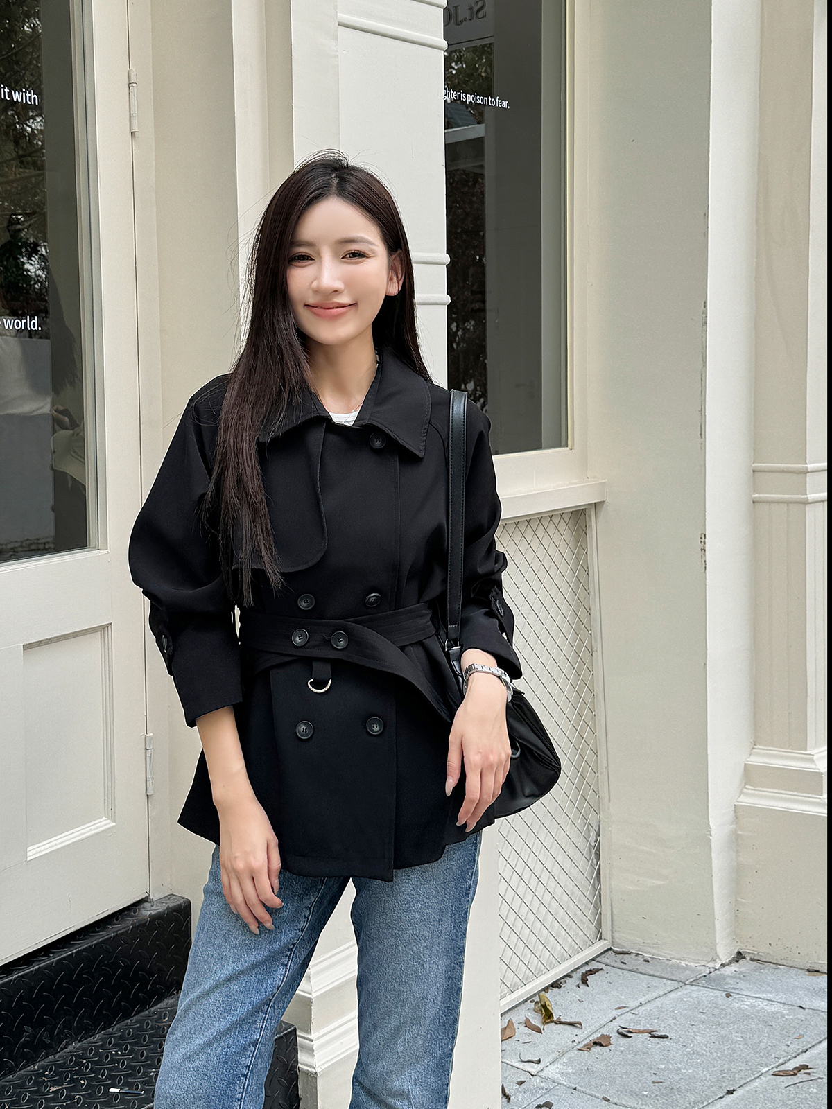 Trendy Short-Waisted Windbreaker Coat for Women with Collar, Long Sleeves, and Waist Tie - Casual Cardigan Style Trendy Short-Waisted Windbreaker Coat for Women with Collar, Long Sleeves, and Waist Tie - Casual Cardigan Style