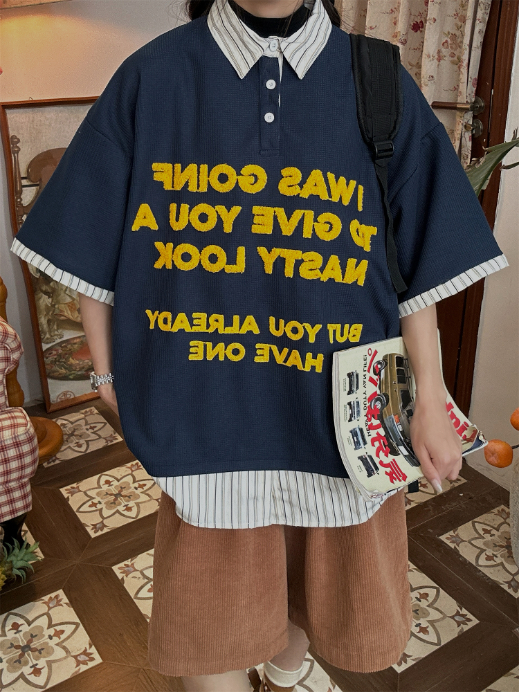 Trendy Spliced Striped Fake Two-Piece Short Sleeve Polo Shirt with Letter Embroidery for Men and Women - Vintage 90s Style Trendy Spliced Striped Fake Two-Piece Short Sleeve Polo Shirt with Letter Embroidery for Men and Women - Vintage 90s Style