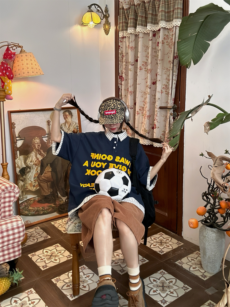 Trendy Spliced Striped Fake Two-Piece Short Sleeve Polo Shirt with Letter Embroidery for Men and Women - Vintage 90s Style Trendy Spliced Striped Fake Two-Piece Short Sleeve Polo Shirt with Letter Embroidery for Men and Women - Vintage 90s Style