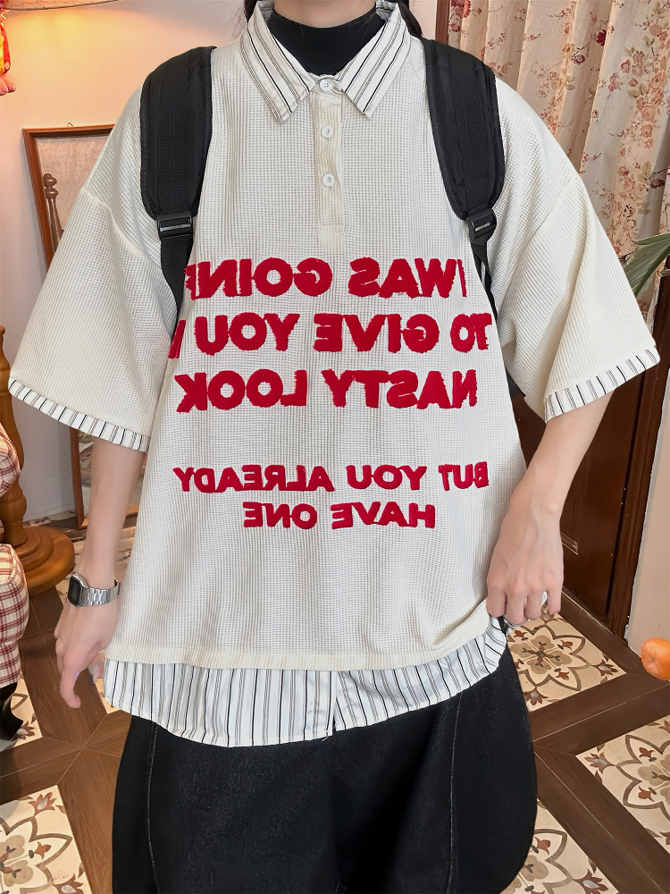 Trendy Spliced Striped Fake Two-Piece Short Sleeve Polo Shirt with Letter Embroidery for Men and Women - Vintage 90s Style Trendy Spliced Striped Fake Two-Piece Short Sleeve Polo Shirt with Letter Embroidery for Men and Women - Vintage 90s Style