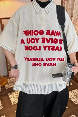 Trendy Spliced Striped Fake Two-Piece Short Sleeve Polo Shirt with Letter Embroidery for Men and Women - Vintage 90s Style