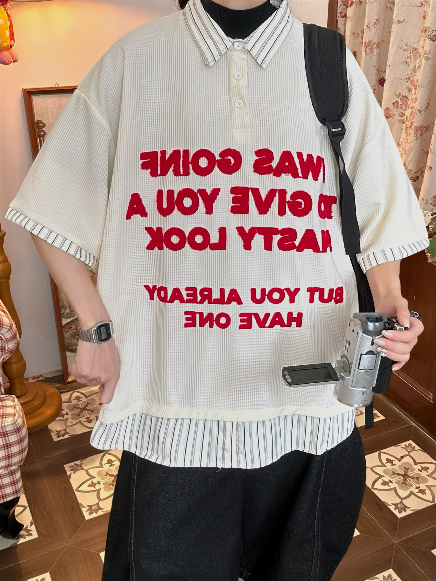 Trendy Spliced Striped Fake Two-Piece Short Sleeve Polo Shirt with Letter Embroidery for Men and Women - Vintage 90s Style Trendy Spliced Striped Fake Two-Piece Short Sleeve Polo Shirt with Letter Embroidery for Men and Women - Vintage 90s Style