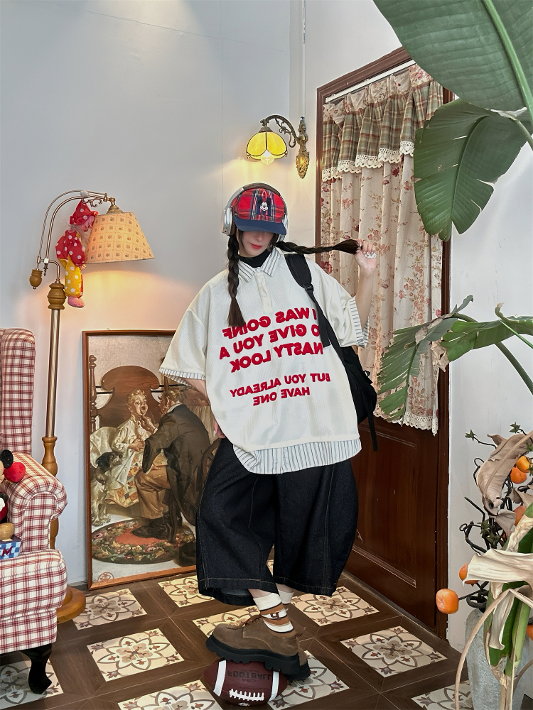 Trendy Spliced Striped Fake Two-Piece Short Sleeve Polo Shirt with Letter Embroidery for Men and Women - Vintage 90s Style Trendy Spliced Striped Fake Two-Piece Short Sleeve Polo Shirt with Letter Embroidery for Men and Women - Vintage 90s Style