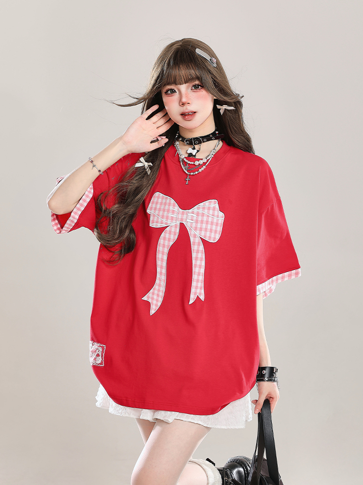 Trendy Summer 2025 Women's Short Sleeve T-Shirt with Butterfly Knot Embroidery, Loose Casual Fit, Cool Style Trendy Summer 2025 Women's Short Sleeve T-Shirt with Butterfly Knot Embroidery, Loose Casual Fit, Cool Style