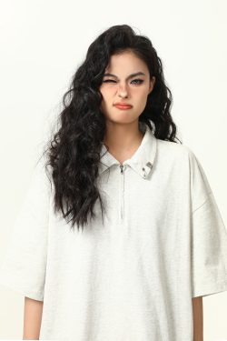 Trendy Unisex Half-Zip Metal Polo Shirt - Short Sleeve American Streetwear Top for Couples, Y2K Style Fashion Essential