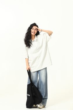 Trendy Unisex Half-Zip Metal Polo Shirt - Short Sleeve American Streetwear Top for Couples, Y2K Style Fashion Essential