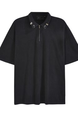 Trendy Unisex Half-Zip Metal Polo Shirt - Short Sleeve American Streetwear Top for Couples, Y2K Style Fashion Essential