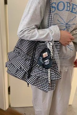 Trendy Women's Plaid Canvas Tote Bag, Cute College Style, 2025 Fashion, Korean Large Capacity Lace Detail Bag